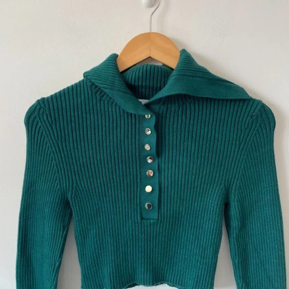 Zara Polo Collared Ribbed Snap Button  Knit Long Sleeve Sweater Shirt Green Sz S - Picture 5 of 8